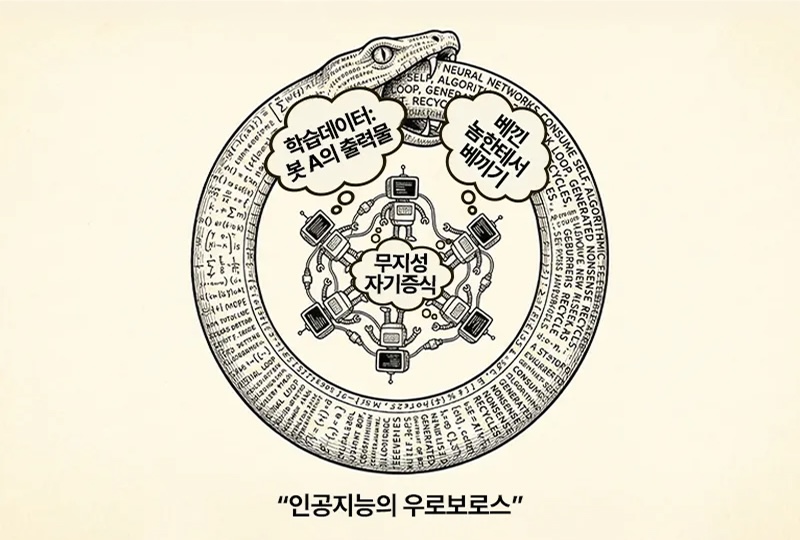 인공지능이 스스로를 먹고 순환하는 뱀 형태의 구조 안에 ‘무지성 자기증식’이라는 문구가 중심에 놓인 일러스트. 학습 데이터가 다시 출력으로 소비되는 구조를 ‘인공지능의 우로보로스’로 표현했다.